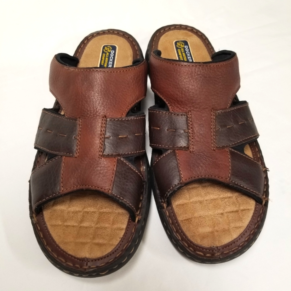 Dockers Mens Sz 12M Leather Upper 2 Tone Brown Sandal Slip On Open Toe  .